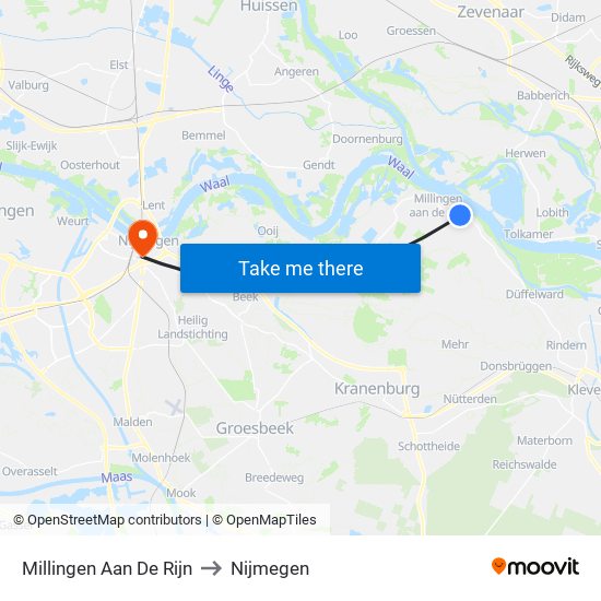 Millingen Aan De Rijn to Nijmegen map