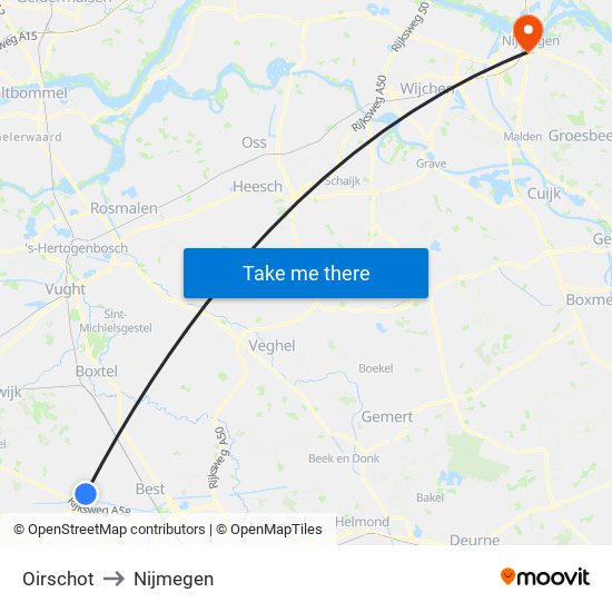 Oirschot to Nijmegen map