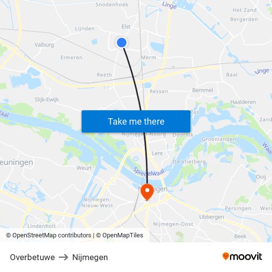 Overbetuwe to Nijmegen map