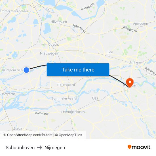 Schoonhoven to Nijmegen map