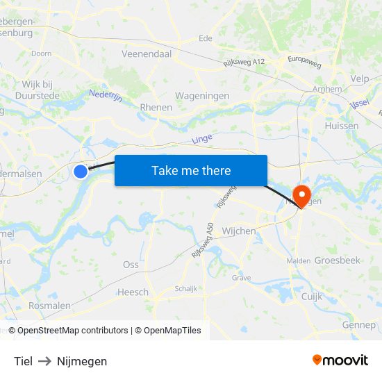 Tiel to Nijmegen map