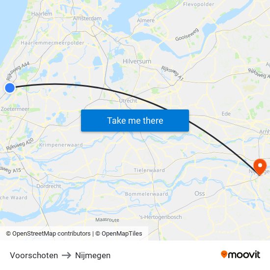 Voorschoten to Nijmegen map