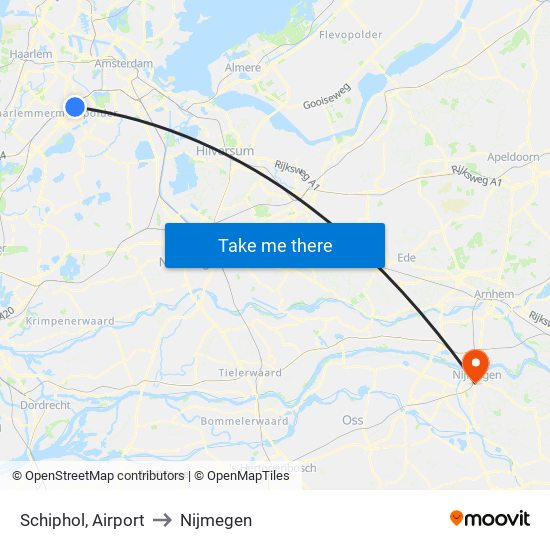 Schiphol, Airport to Nijmegen map