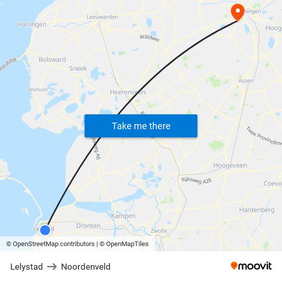 Lelystad to Noordenveld map