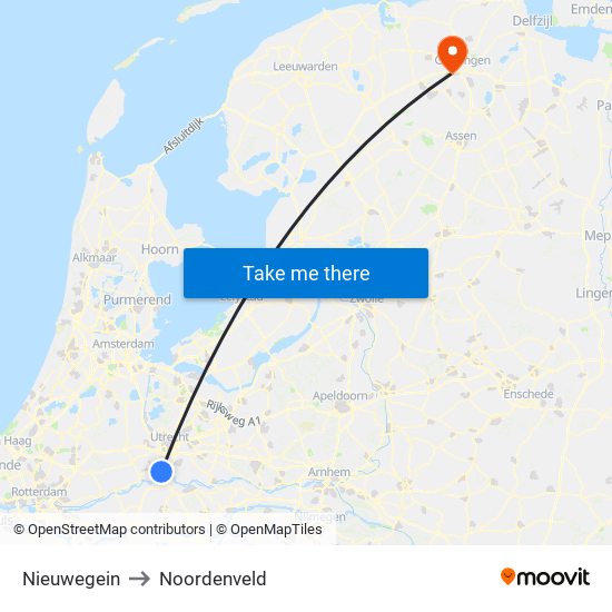 Nieuwegein to Noordenveld map