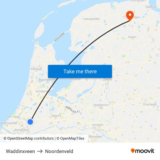 Waddinxveen to Noordenveld map