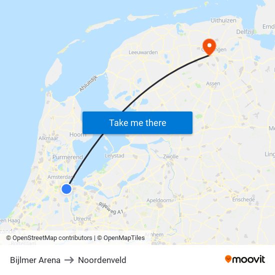 Bijlmer Arena to Noordenveld map