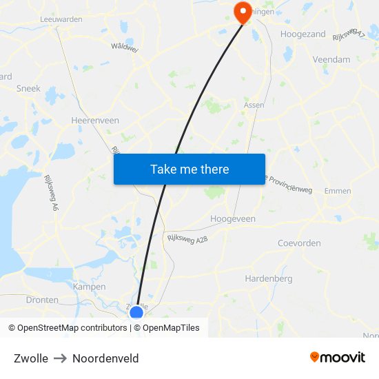 Zwolle to Noordenveld map