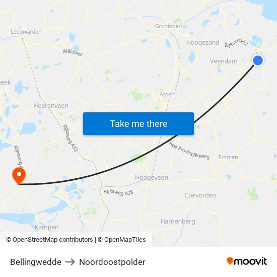 Bellingwedde to Noordoostpolder map