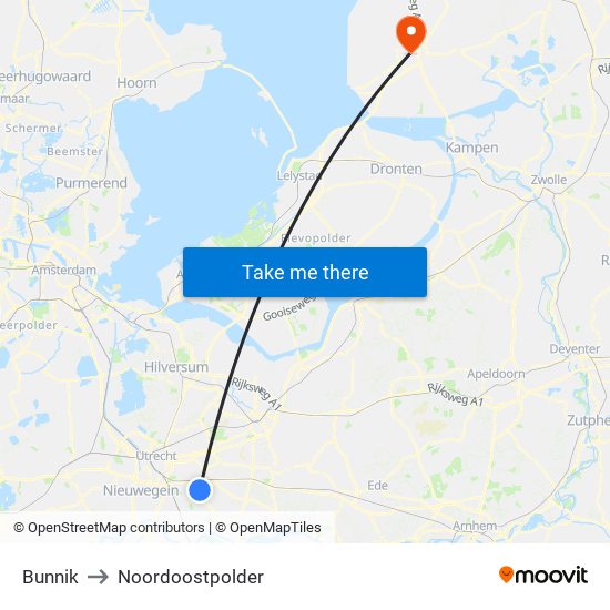 Bunnik to Noordoostpolder map