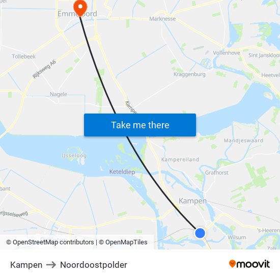 Kampen to Noordoostpolder map