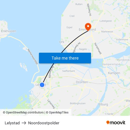 Lelystad to Noordoostpolder map