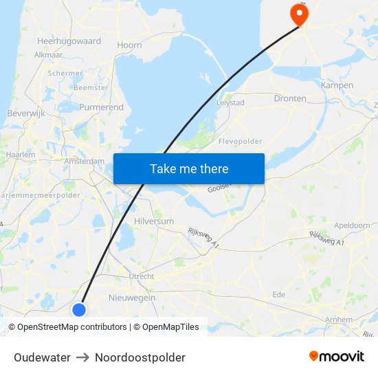 Oudewater to Noordoostpolder map