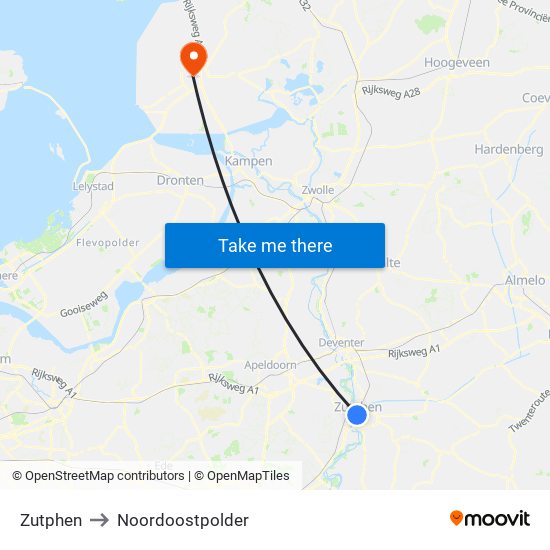 Zutphen to Noordoostpolder map