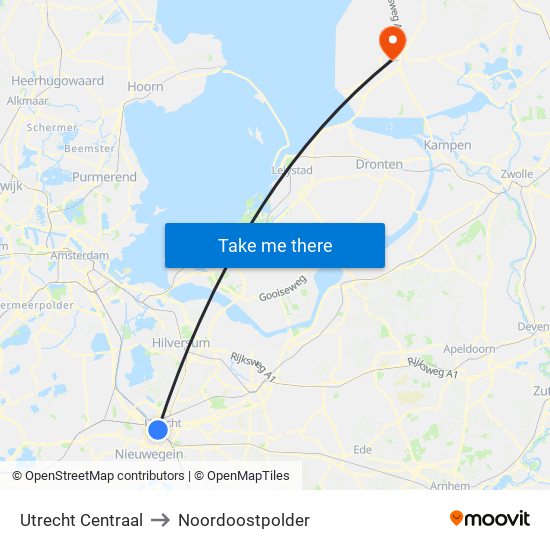 Utrecht Centraal to Noordoostpolder map