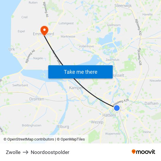 Zwolle to Noordoostpolder map