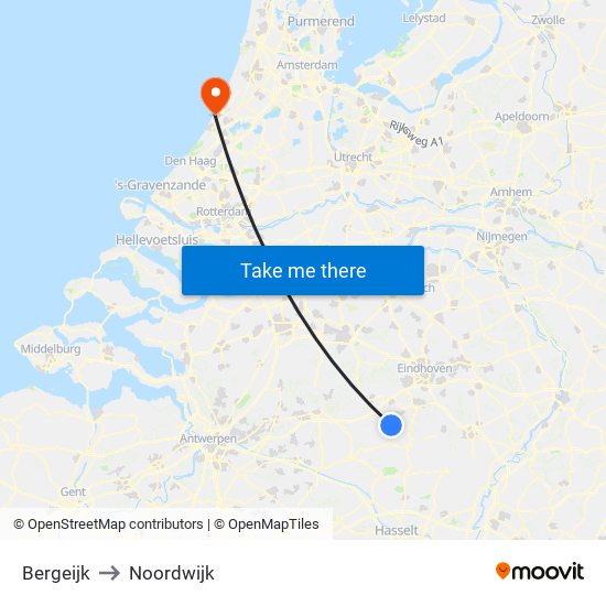 Bergeijk to Noordwijk map