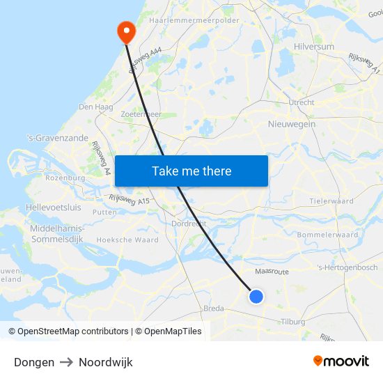 Dongen to Noordwijk map