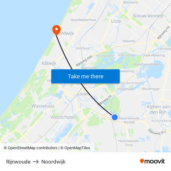 Rijnwoude to Noordwijk map