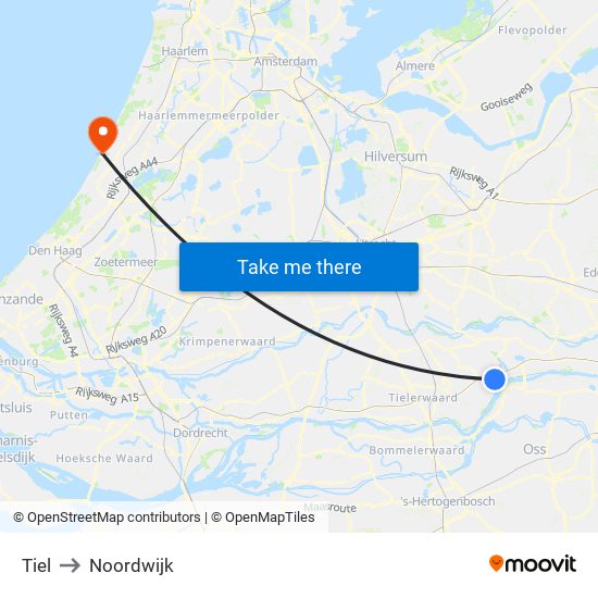 Tiel to Noordwijk map