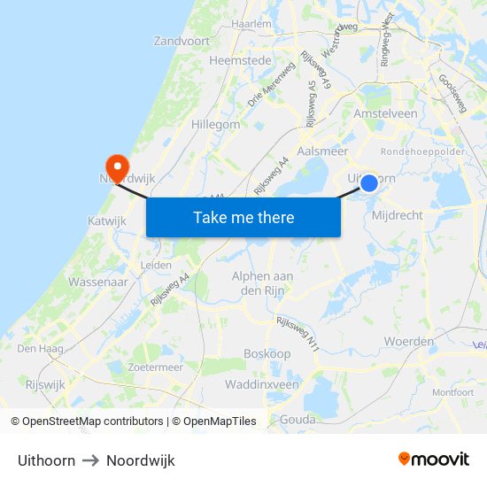 Uithoorn to Noordwijk map