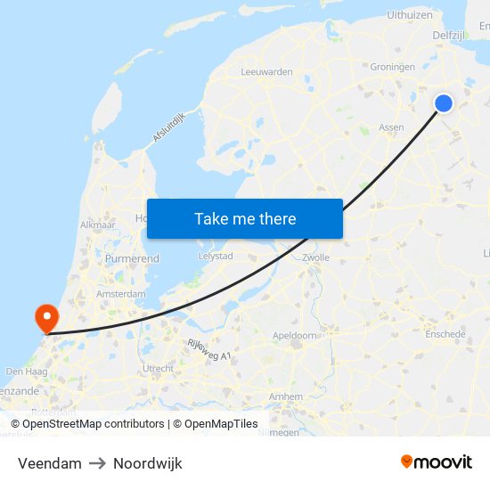 Veendam to Noordwijk map