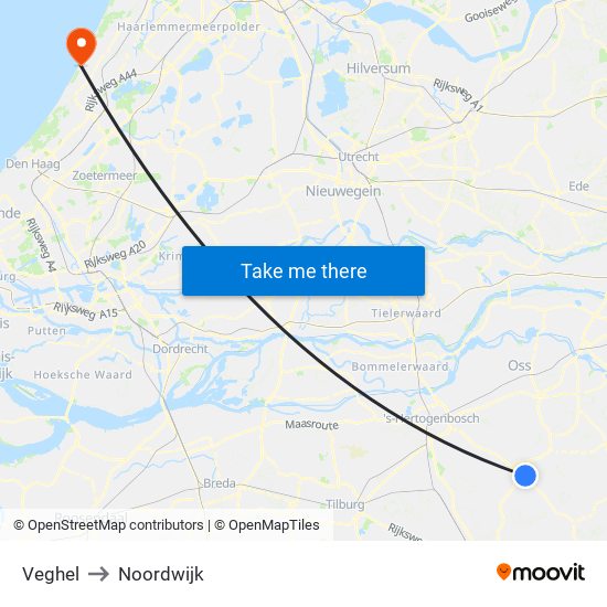 Veghel to Noordwijk map