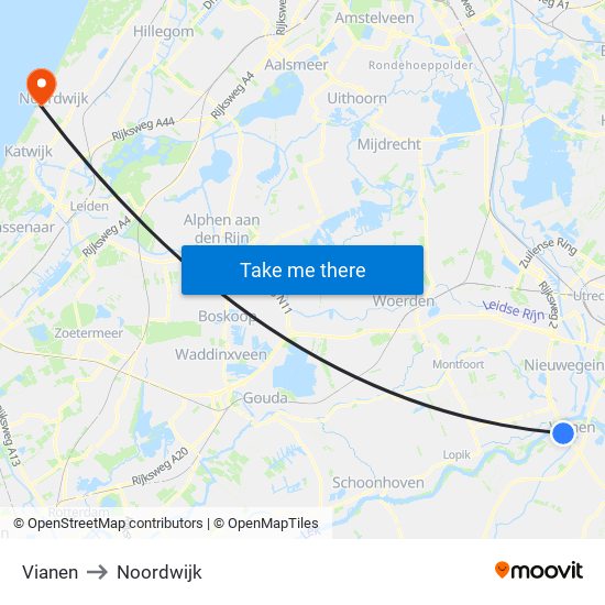 Vianen to Noordwijk map