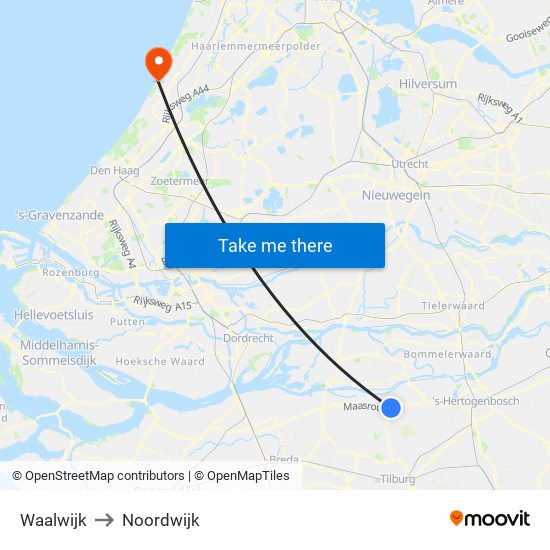 Waalwijk to Noordwijk map