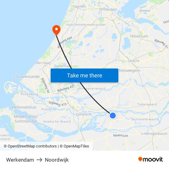 Werkendam to Noordwijk map