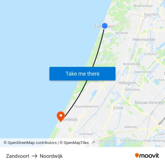 Zandvoort to Noordwijk map
