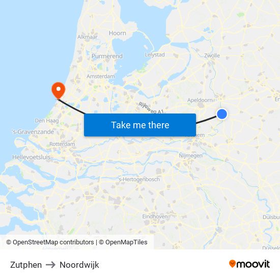 Zutphen to Noordwijk map