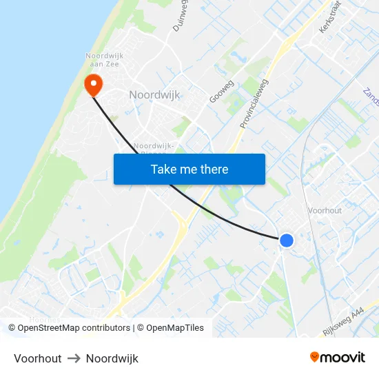 Voorhout to Noordwijk map