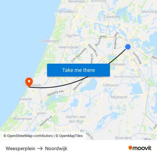 Weesperplein to Noordwijk map