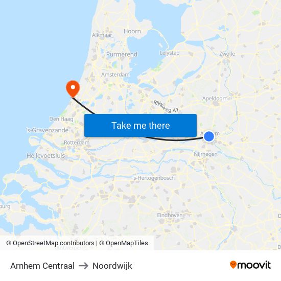 Arnhem Centraal to Noordwijk map