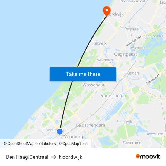 Den Haag Centraal to Noordwijk map