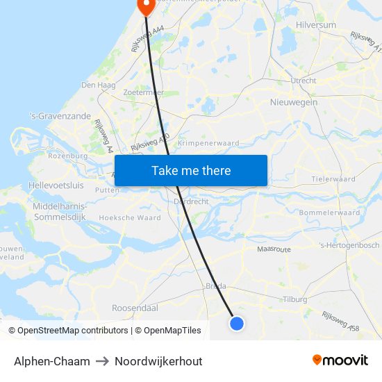 Alphen-Chaam to Noordwijkerhout map