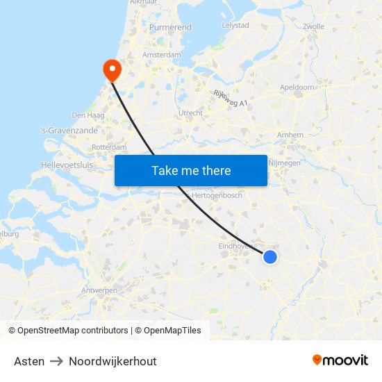 Asten to Noordwijkerhout map