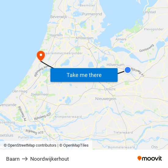 Baarn to Noordwijkerhout map