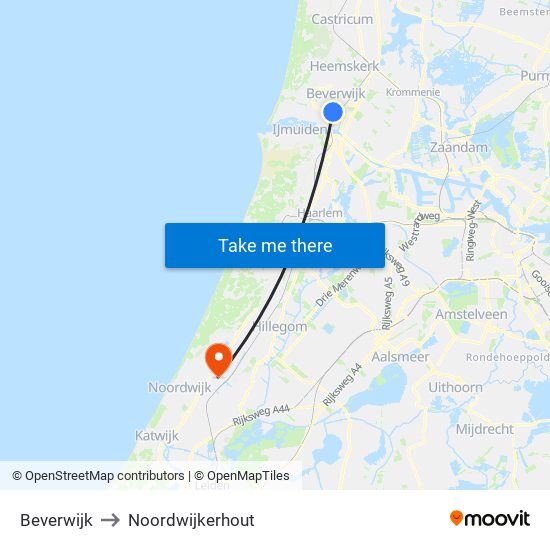 Beverwijk to Noordwijkerhout map