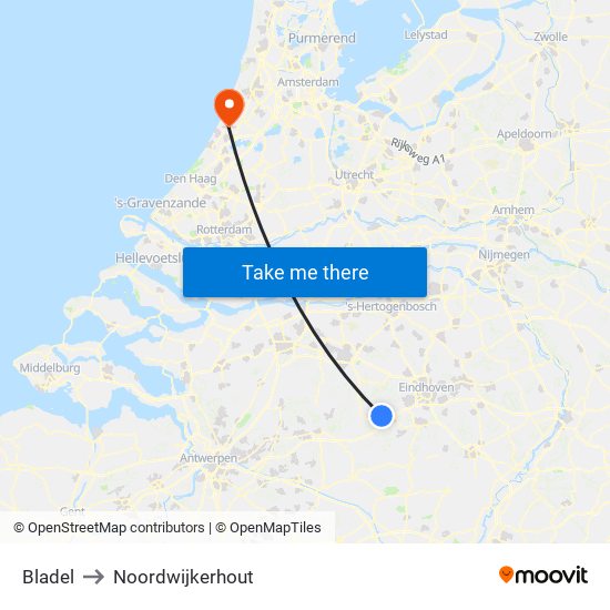 Bladel to Noordwijkerhout map