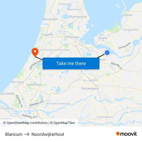 Blaricum to Noordwijkerhout map
