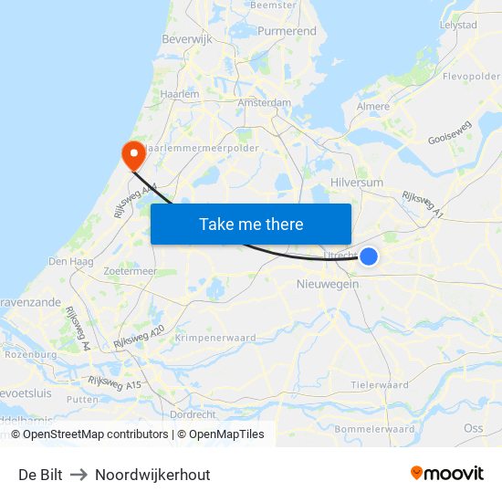De Bilt to Noordwijkerhout map