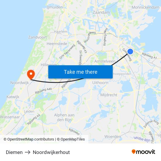 Diemen to Noordwijkerhout map