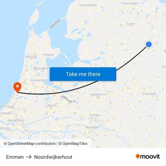 Emmen to Noordwijkerhout map