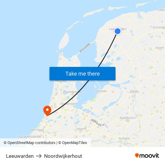 Leeuwarden to Noordwijkerhout map