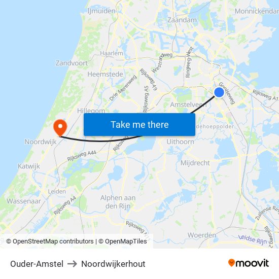 Ouder-Amstel to Noordwijkerhout map