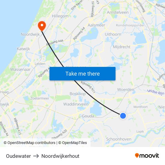 Oudewater to Noordwijkerhout map