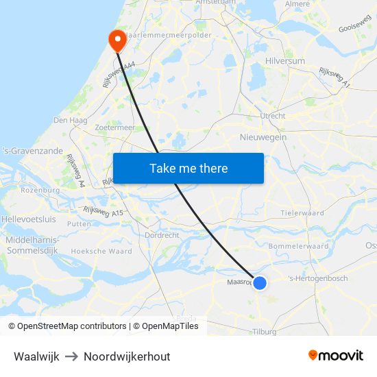Waalwijk to Noordwijkerhout map