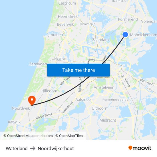 Waterland to Noordwijkerhout map